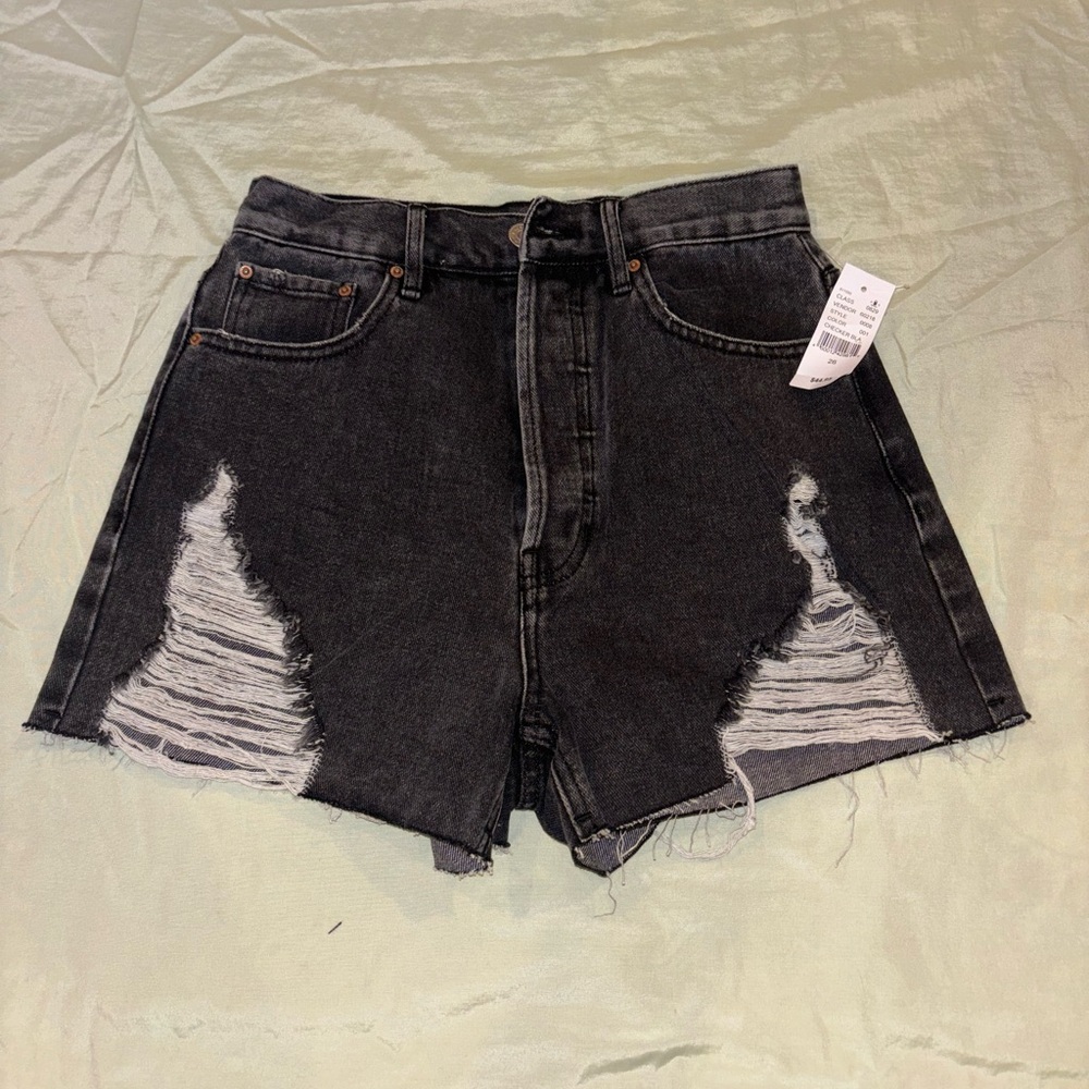 Distressed Black Denim Shorts